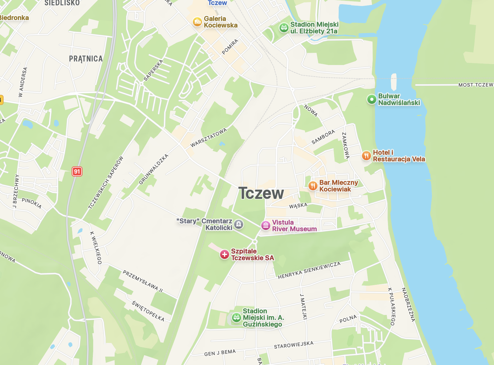 Mapa Tczewa z lokalizacją szkoły